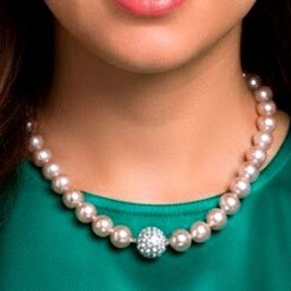 Champagne Pink Faux Pearl Strand Necklace Rhinestone Screw Pave Ball Clasp